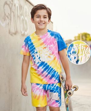 Pine Kids Single Jersey Knit Half Sleeves T-Shirt & Shorts Co-Ord Set With Text & Tie & Dye Print - Multicolor