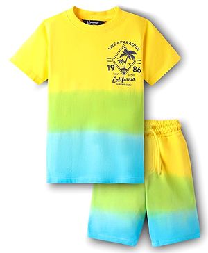 Pine Kids 100% Cotton Knit Half Sleeves Beach Theme Printed Ombre T-Shirts & Shorts Set - Yellow Light green & Blue