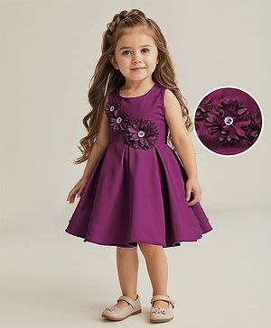 Babyhug Woven Sleeveless Pleated Party Dress With Floral Corsage - Wine