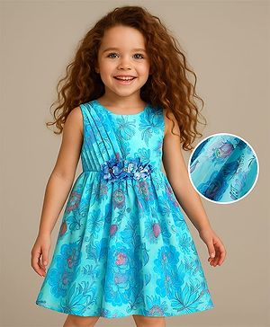 Babyhug Woven Sleeveless Party Frock with Floral Print & Floral Applique - Light Blue