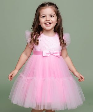 Babyhug 5 Layered Sleeveless Partywear Mesh Dress With Sequinned Yoke & Bow Applique With Cotton Lining - Light Pink