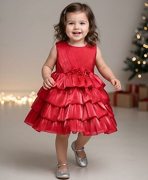Babyhug 5 Layered Sleeveless Party Dress With Floral Applique & Frill - Red