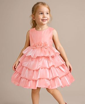 Babyhug Woven Sleeveless Solid Color Layered Party Frock with Floral Detailing - Dark Peach
