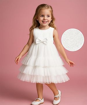 Babyhug Woven Sleeveless Sequinned Yoke Mesh Party Dress With Bow Applique - White