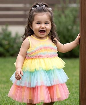 Babyhug Woven Sleeveless Mesh Party Dress With Color Block Design - Multicolor