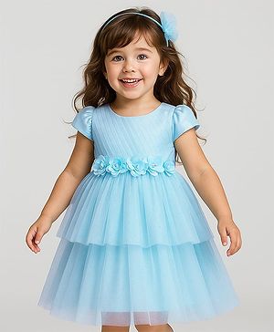 Babyhug 5 Layers With Cotton Lining Cap Sleeves Tiered Glitter Mesh Party Dress With Flower Applique - Light Blue
