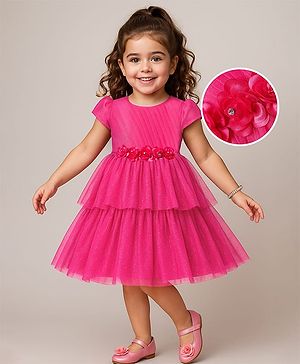 Babyhug 5 Layers With Cotton Lining Cap Sleeves Tiered Glitter Mesh Party Dress With Flower Applique - Fuchsia