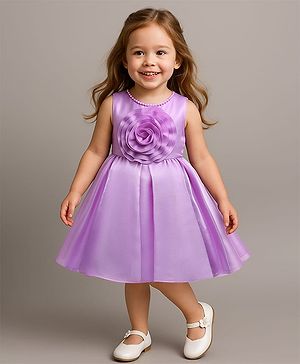 Babyhug Woven Sleeveless Party Dress With Floral Applique - Lavender