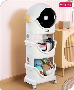 Babyhug Spaceman Storage Cart - Grey| 3 layers| Wheels with Lock| Top Layer with Dust Cover| Plug & Play Assembly| Toys Cloths Feeding Accessories Stationery Storage| Wardrobe