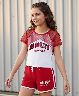 Pine Kids Single Jersey Knit Half Sleeves Top & Shorts Set With Brooklyn Print - Red & White