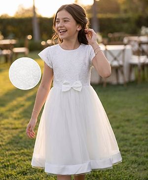 Pine Kids Woven Half Sleeves Mesh Party Dress with Bow Applique & Floral Detailing - White