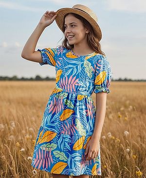 Pine Kids Cotton Knit Half Puffed Sleeves Frock with Leaves Print - Blue