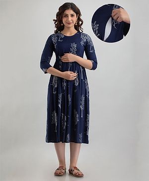 CeleBravo Rayon Three Fourth Sleeves Leaves Motifs Printed Maternity Dress With Nursing Access - Blue