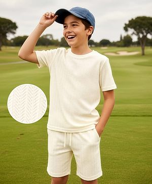 Pine Kids Knit Half Sleeves Solid T-Shirt & Shorts Co-Ord Set - White