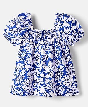 Babyhug Cotton Knit Half Puffed Sleeves Top with Floral Print & Smocking - Blue