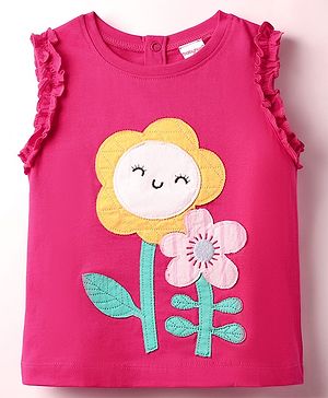 Babyhug Cotton Knit Frill Sleeves With Floral Patch & Embroidery - Dark Pink