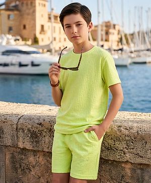 Pine Kids Knit Half Sleeves Solid T-Shirt & Shorts Co-Ord Set - Lime Green