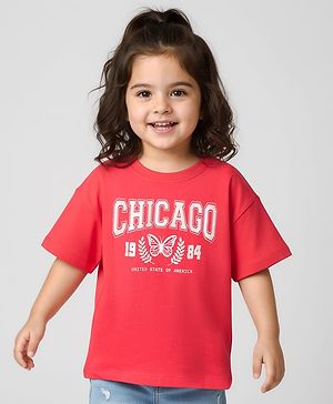 Babyhug Cotton Knit Half Sleeves T-Shirt With Chicago Text Print - Red