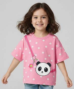 Babyhug Cotton Knit Half Sleeves T-Shirt with Polka Dots & Sling Bag Print - Pink