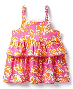 Babyhug Cotton Knit Sleeveless Layered Top with Floral Print - Pink
