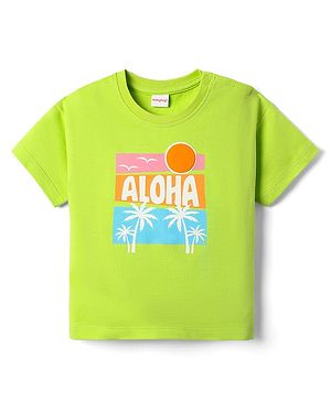 Babyhug Cotton Knit Half Sleeves Crop T-Shirt with Beach Theme Print - Light Green