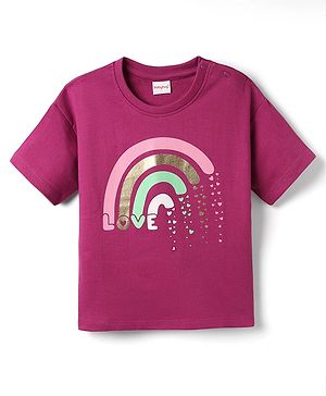 Babyhug Cotton Knit Half Sleeves T-shirt With Love Text Print - Plum