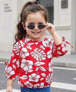 Babyhug Cotton Knit Three Fourth Raglan Sleeves With Floral Print - Red