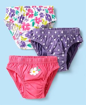 Babyhug 100% Cotton Knit Antibacterial Panties with Floral & Polka Dots Print Pack of 3 - Pink Lilac & White