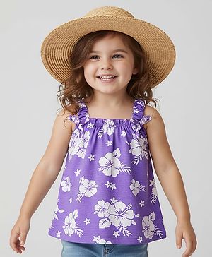 Babyhug Cotton Knit Sleeveless Top With Floral Print - Purple