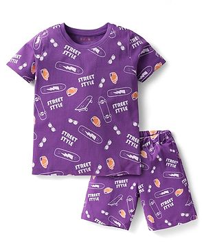 Kookie Kids Single Jersey Knit Half Sleeves Shorts Co-ord Night Suit With Street Style Text Print - Purple