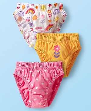 Babyhug 100% Cotton Antibacterial Panties With Heart & Floral Print Pack Of 3 - Dark Pink Yellow & White