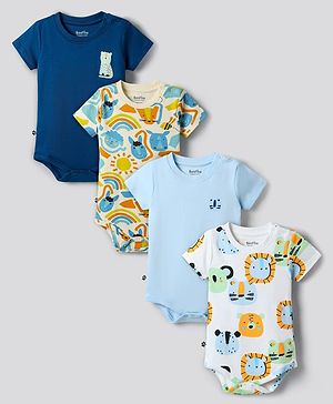 Bonfino 100% Cotton Knit Half Sleeves Animal Printed Onesies Pack Of 4 - Multicolor