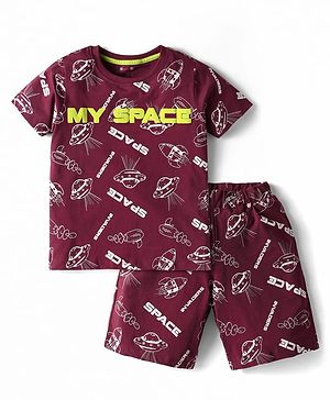 Kookie Kids Single Jersey Knit Half Sleeves Shorts Co-Ord Night Suit With Space Print - Maroon