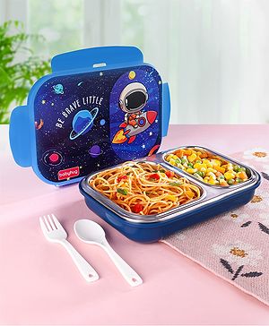 Babyhug Space Stainless Steel Lunch Box|BPA Free|Leak Proof|2 compartment,1 Spoon and 1 Fork|550 ML|Perfect for School Kids & Outdoors|Navy Blue Babyhug Space Stainless Steel Lunch Box|BPA Free|Leak Proof|2 compartment,1 Spoon and 1 Fork|550 ML|Perfect for School Kids & Outdoors|Navy Blue