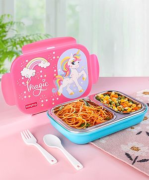 Babyhug Unicorn Stainless Steel Lunch Box|BPA Free|Leak Proof|2 compartment,1 Spoon and 1 Fork|550 ML|Perfect for School Kids & Outdoors|Navy Blue