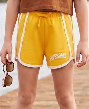 Pine Kids Looper Knit Mid Thigh Shorts With Text Print - Yellow