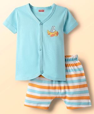 Babyhug Cotton Knit Half Sleeves Shorts Night Suit With Stripes & Bear Print - Light Blue