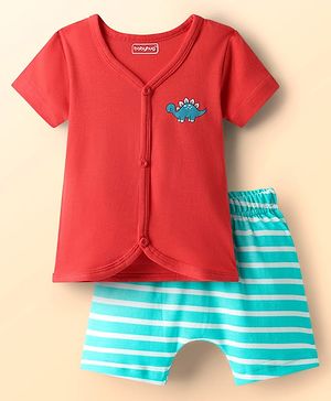 Babyhug Cotton Knit Half Sleeves Shorts Night Suit With Stripes & Dino Print - Red