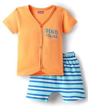 Babyhug Cotton Knit Half Sleeves Shorts Night Suit With Stripes & Text Print - Orange
