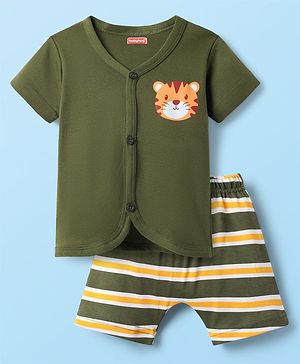 Babyhug Cotton Knit Front Open Half Sleeves Shorts Night Suit With Animal Print - Olive Green
