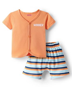 Babyhug Cotton Knit Front Open Half Sleeves Shorts Night Suit With Text Print - Orange