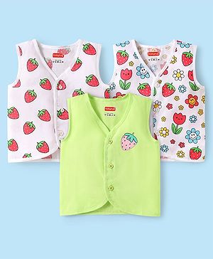 Babyhug 100% Cotton Woven Front Open Sleeveless Jhablas with Tropical Print Pack of 3 - White & Limegreen