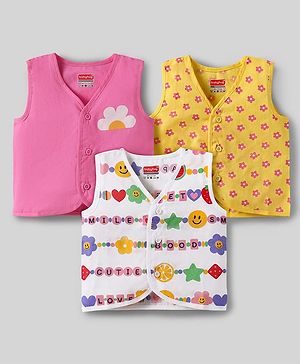 Babyhug 100% Cotton Cambric Woven Front Open Sleeveless Jhablas With Floral Print Pack Of 3 - Pink Yellow & White