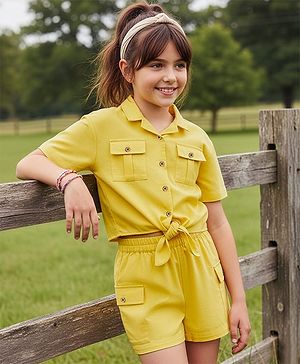 Pine Kids Cotton Woven Half Sleeves Solid Color Top & Shorts Set - Golden