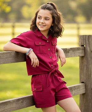 Pine Kids Cotton Woven Half Sleeves Solid Color Top & Shorts Set - Maroon