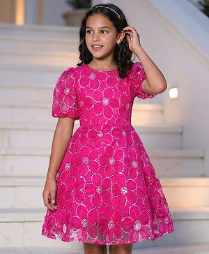 Pine Kids Woven Half Sleeves Party Dress With Sequin Detailing - Dark Pink