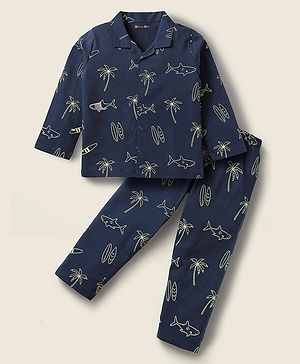 Kookie Kids Single Jersey Knit Full Sleeves Co-Ord Night Suit With Beach Theme Print - Navy Blue