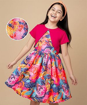Pine Kids Woven Floral Printed Party Dress with Half Sleeves Jacket - Pink