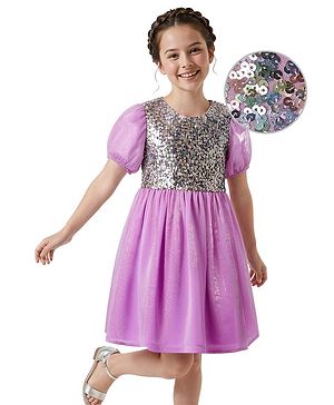 Pine Kids Woven Half Sleeves Party Dress with Shimmer & Sequin - Plum
