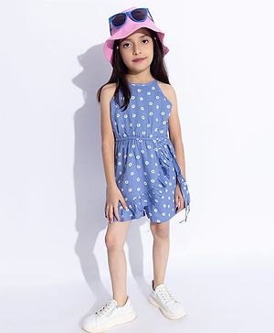 Taffykids Rayon Sleeveless Floral Printed Jumpsuit - Blue & White